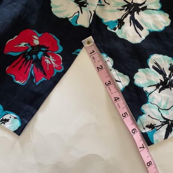 Talbots 100% Linen Beaded Neckline Navy Hibiscus Tropical Floral Tunic Dress XS - Picture 11 of 15